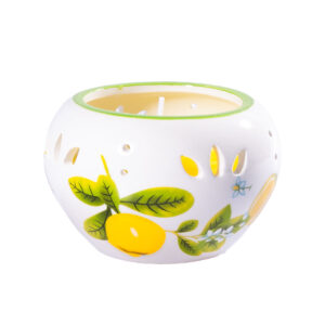 Candela profumata al limone in portacandela in ceramica tondo + Velo decorato + Caramelle frizzanti al limone 30 g