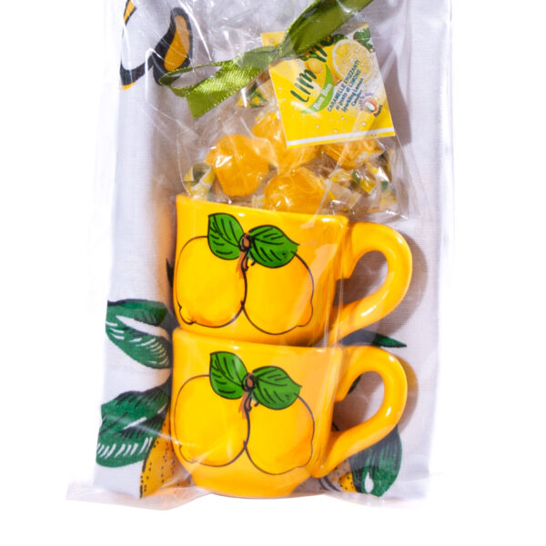 Coppia di tazzine in ceramica gialla + Canovaccio limoncello Italia + Caramelle frizzanti al limone 30 g - Image 3