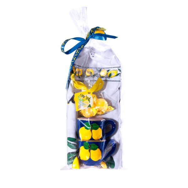 Coppia di tazzine in ceramica + Canovaccio limoncello Italia + Caramelle frizzanti al limone 30 g