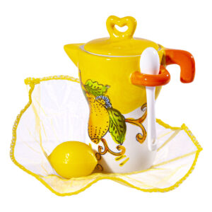 Caffettiera con cucchiaino in ceramica gialla + Saponetta al limone 27 g + Velo in tulle