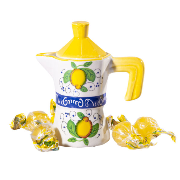 Portasalsa a forma di caffettiera in ceramica gialla + Caramelle al limone frizzanti 30 g - Image 2
