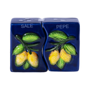 Set sale e pepe in ceramica blu + Canovaccio + Caramelle frizzanti al limone 30 g
