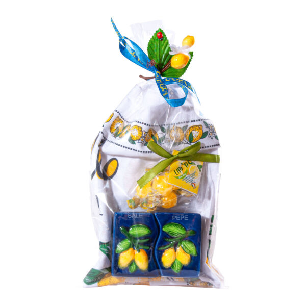 Set sale e pepe in ceramica blu + Canovaccio + Caramelle frizzanti al limone 30 g - Image 4
