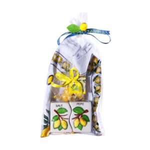 Set sale e pepe in ceramica + Canovaccio + Caramelle frizzanti al limone 30 g