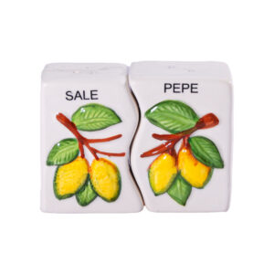 Set sale e pepe in ceramica bianco + Canovaccio + Caramelle frizzanti al limone 30 g