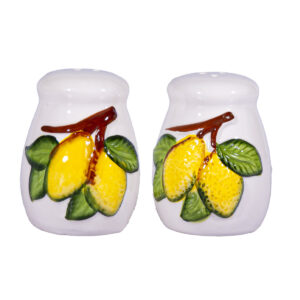 Set sale e pepe in ceramica bianca, forma curva + Canovaccio + Caramelle frizzanti al limone 30 g
