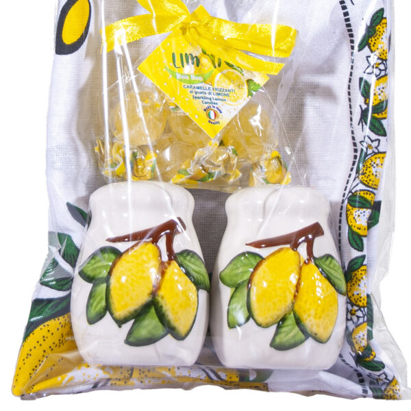 Set sale e pepe in ceramica bianca, forma curva + Canovaccio + Caramelle frizzanti al limone 30 g - Image 3