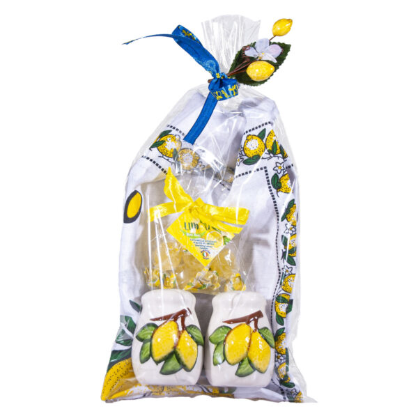 Set sale e pepe in ceramica bianca, forma curva + Canovaccio + Caramelle frizzanti al limone 30 g - Image 4