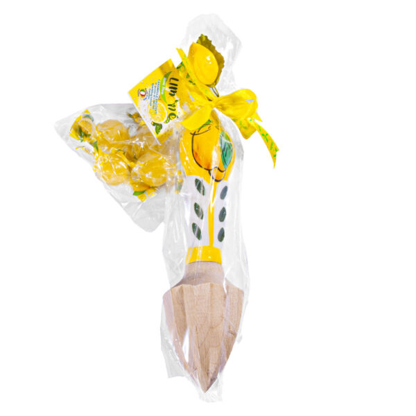 Spremiagrumi in legno con manico in ceramica gialla + Caramelle frizzanti al limone 30 g - Image 3