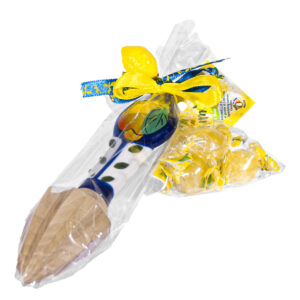 Spremiagrumi in legno con manico in ceramica blu + Caramelle frizzanti al limone 30 g