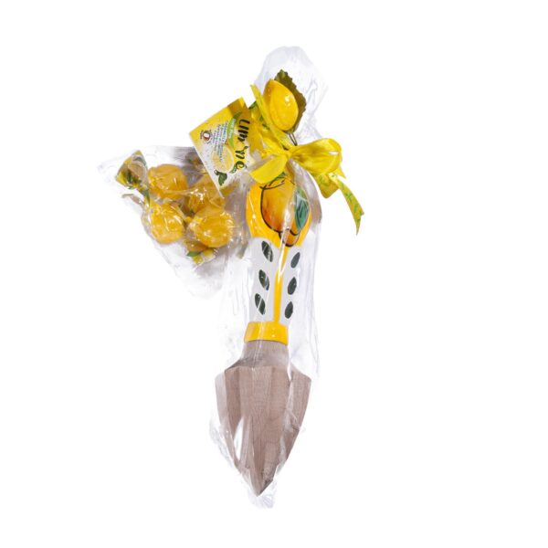 Spremiagrumi in legno con manico in ceramica + Caramelle frizzanti al limone 30 g
