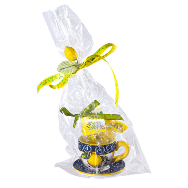 Tazzina in ceramica blu con piattino + Caramelle frizzanti al limone, 30 g - Image 3