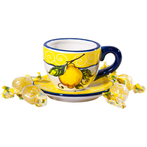 Tazzina in ceramica gialla con piattino + Caramelle frizzanti al limone, 30 g - Image 3