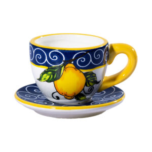 Tazzina in ceramica blu con piattino + Caramelle frizzanti al limone, 30 g