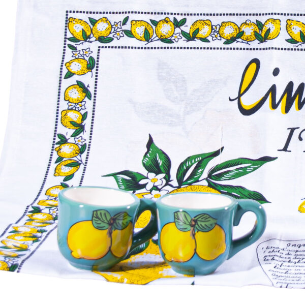 Coppia di tazzine in ceramica acquamarina + Canovaccio limoncello Italia + Caramelle frizzanti al limone 30 g - Image 3