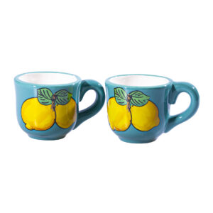 Coppia di tazzine in ceramica acquamarina + Canovaccio limoncello Italia + Caramelle frizzanti al limone 30 g
