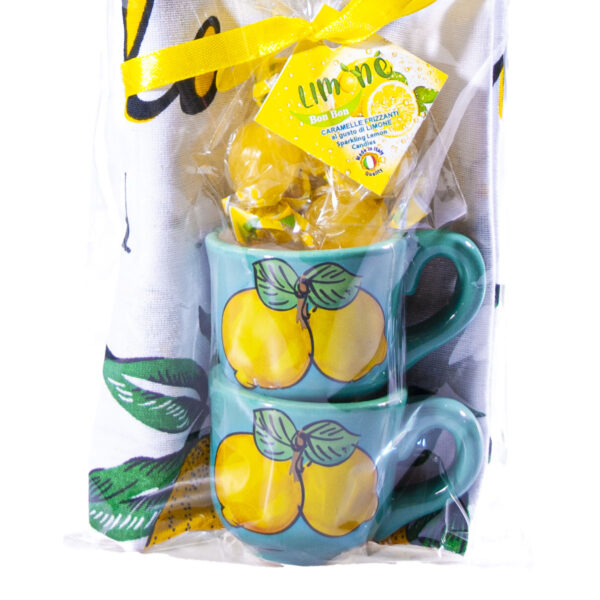 Coppia di tazzine in ceramica acquamarina + Canovaccio limoncello Italia + Caramelle frizzanti al limone 30 g - Image 5